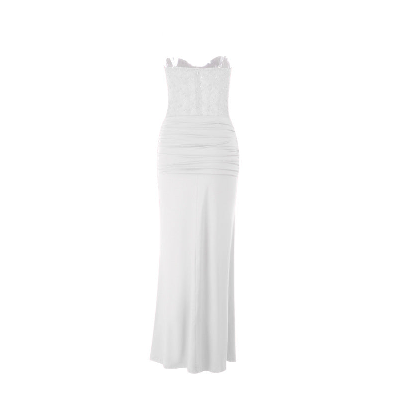 Damen schickes Maxikleid mit elegantem Bustier-Oberteil und gerafftem Rock R&B