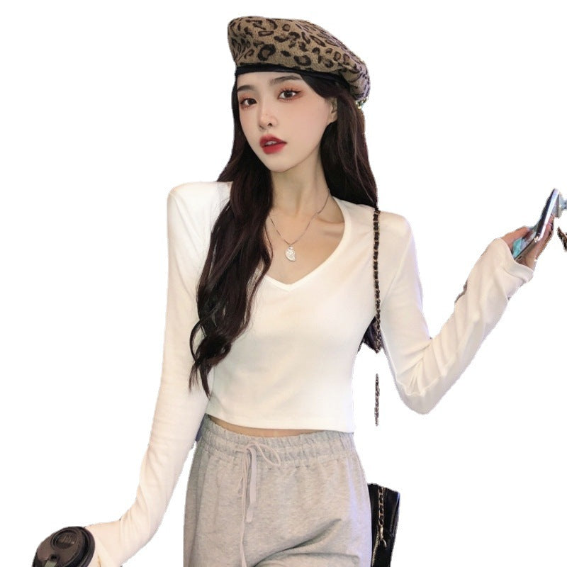 Damen Cropped Langarmshirt mit modischem V-Ausschnitt und bequemen Materialien R&B