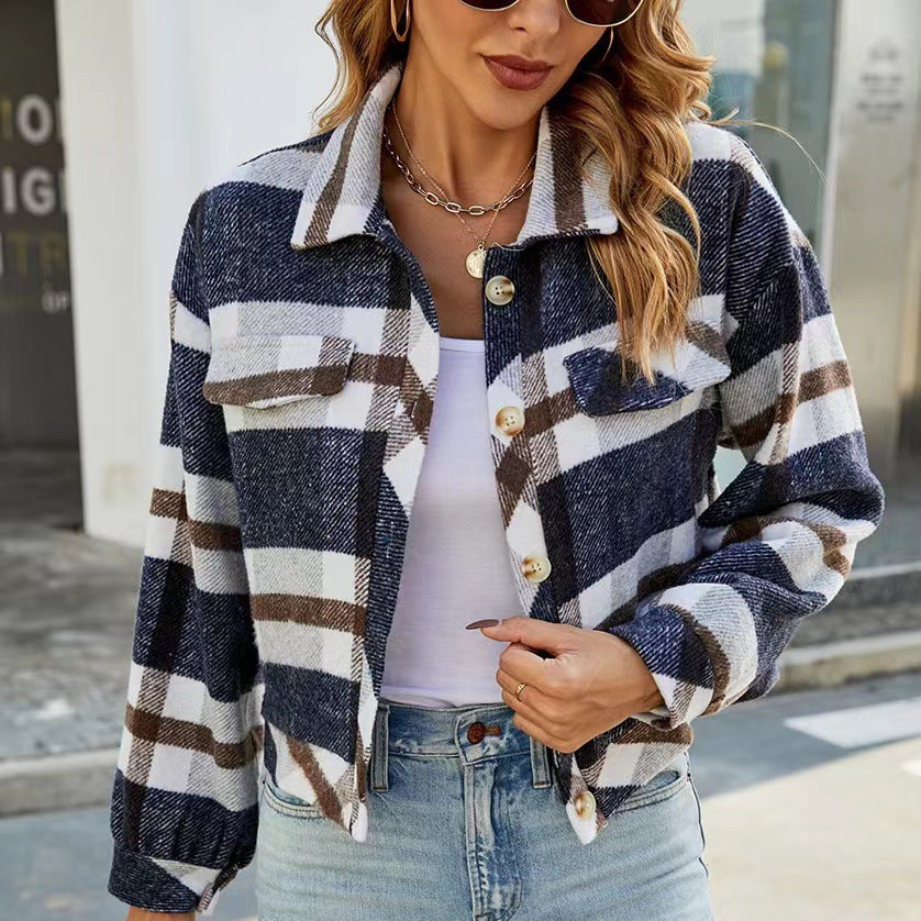 Damen Karierte Utility-Jacke mit voluminösen Ärmeln und Knopfleiste R&B