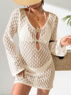 Damen gehäkelter Strandüberwurf mit stylischem V-Ausschnitt und eleganten Ärmeln R&B