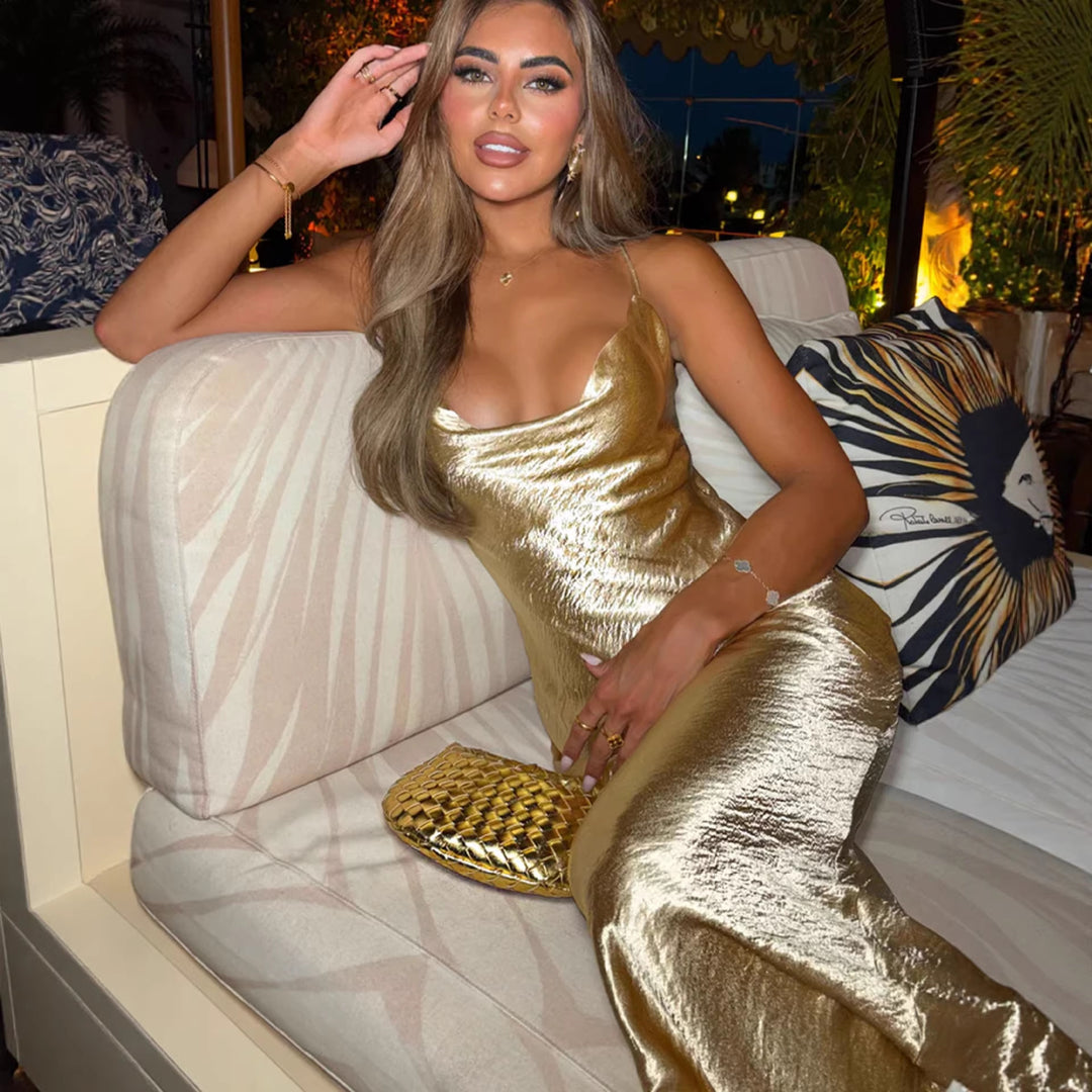 Damen Glamouröses Abendkleid mit schimmerndem Satin und spaghettiträgern R&B