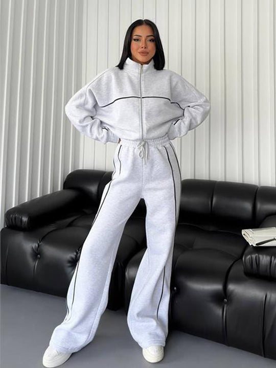 Damen lässiges Crop-Sweat-Set mit weitem Schnitt und hohem Kragen R&B