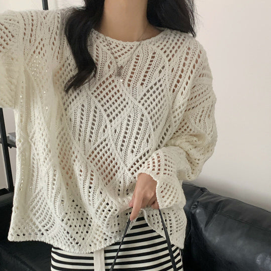 Damen Grobstrick Pullover mit innovativem Lochmuster und lässigem Schnitt R&B