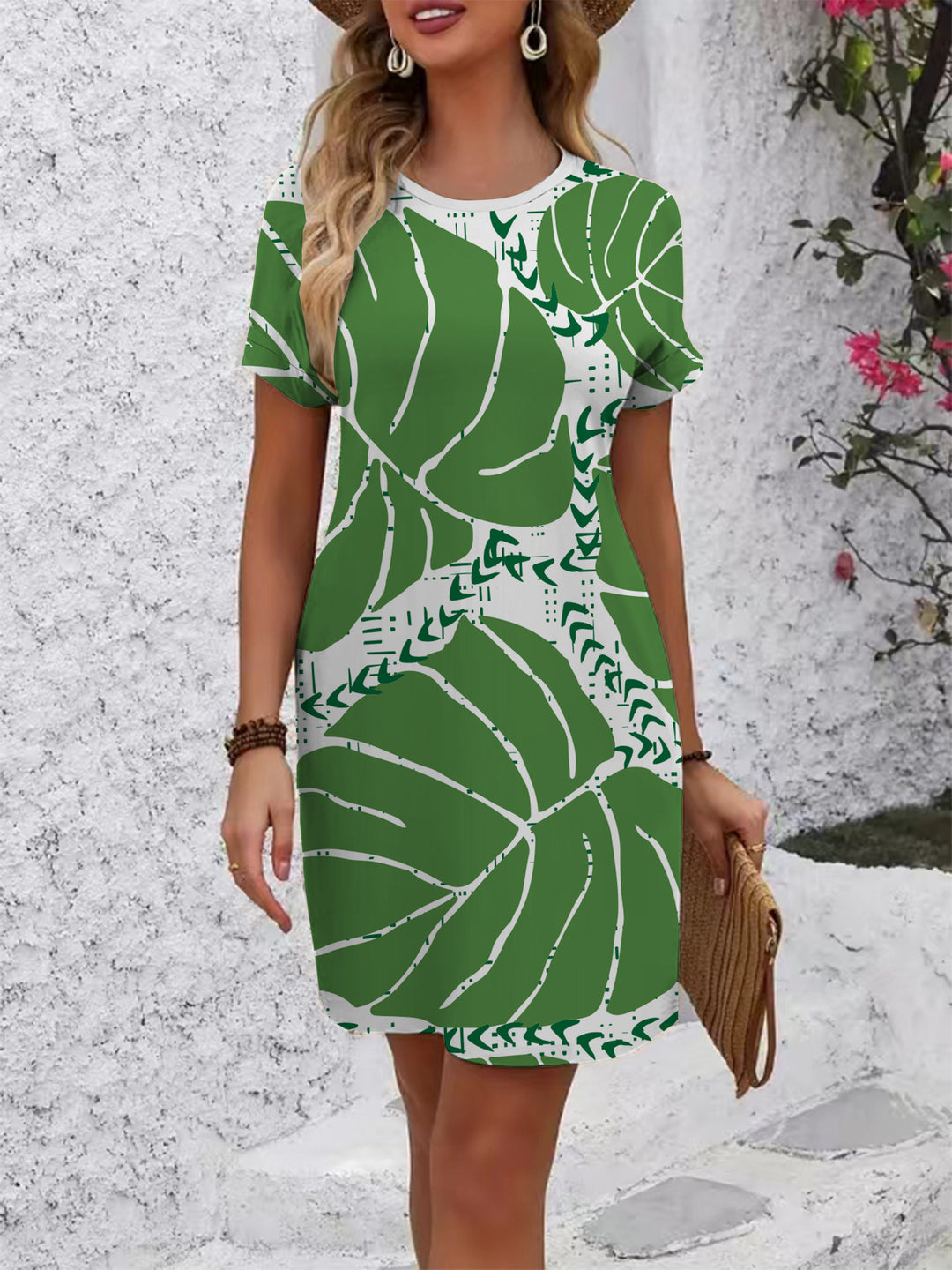 Damen Kurzarm Kleid mit floralem Linienmuster R&B