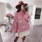 Damen grob gestrickter Pullover mit Herzmotiven und lässigem Schnitt R&B