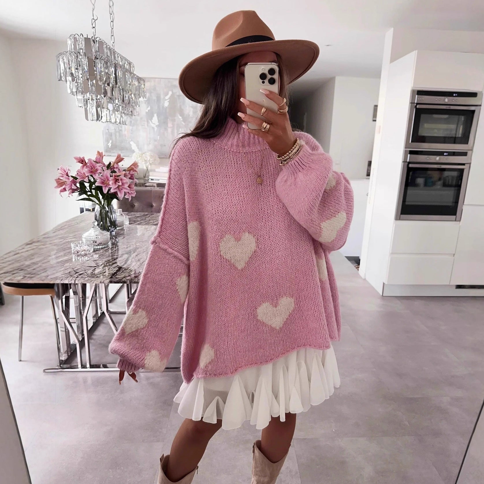 Damen grob gestrickter Pullover mit Herzmotiven und lässigem Schnitt R&B