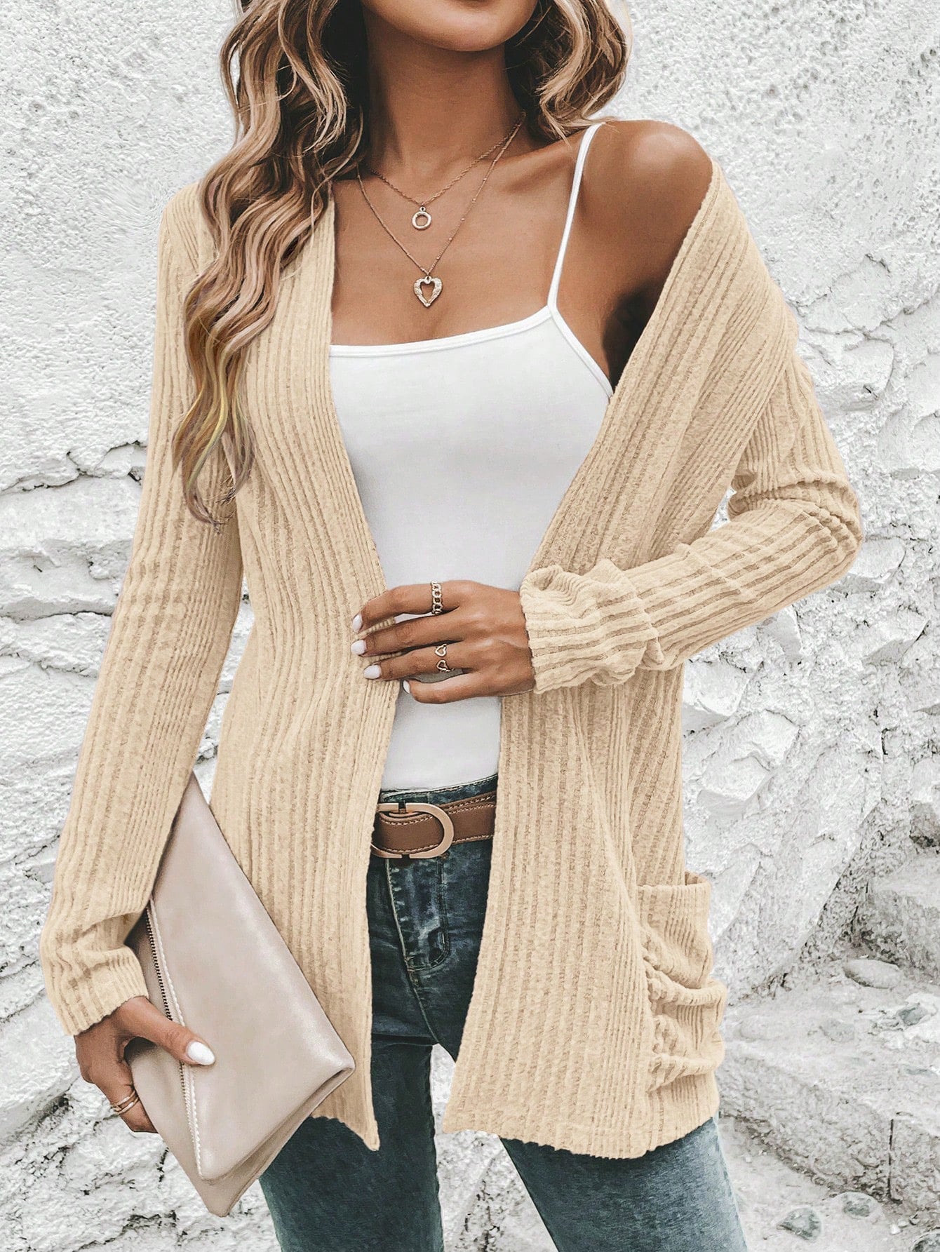 Damen Strickjacke mit langen Ärmeln und seitlichen Taschen R&B