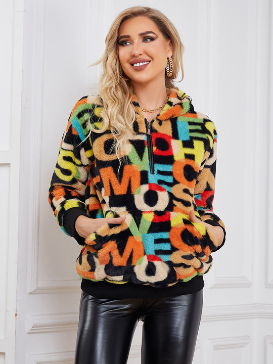 Damen Flauschige Oberjacke mit buntem Farbdesign und flauschigem Innenfutter R&B