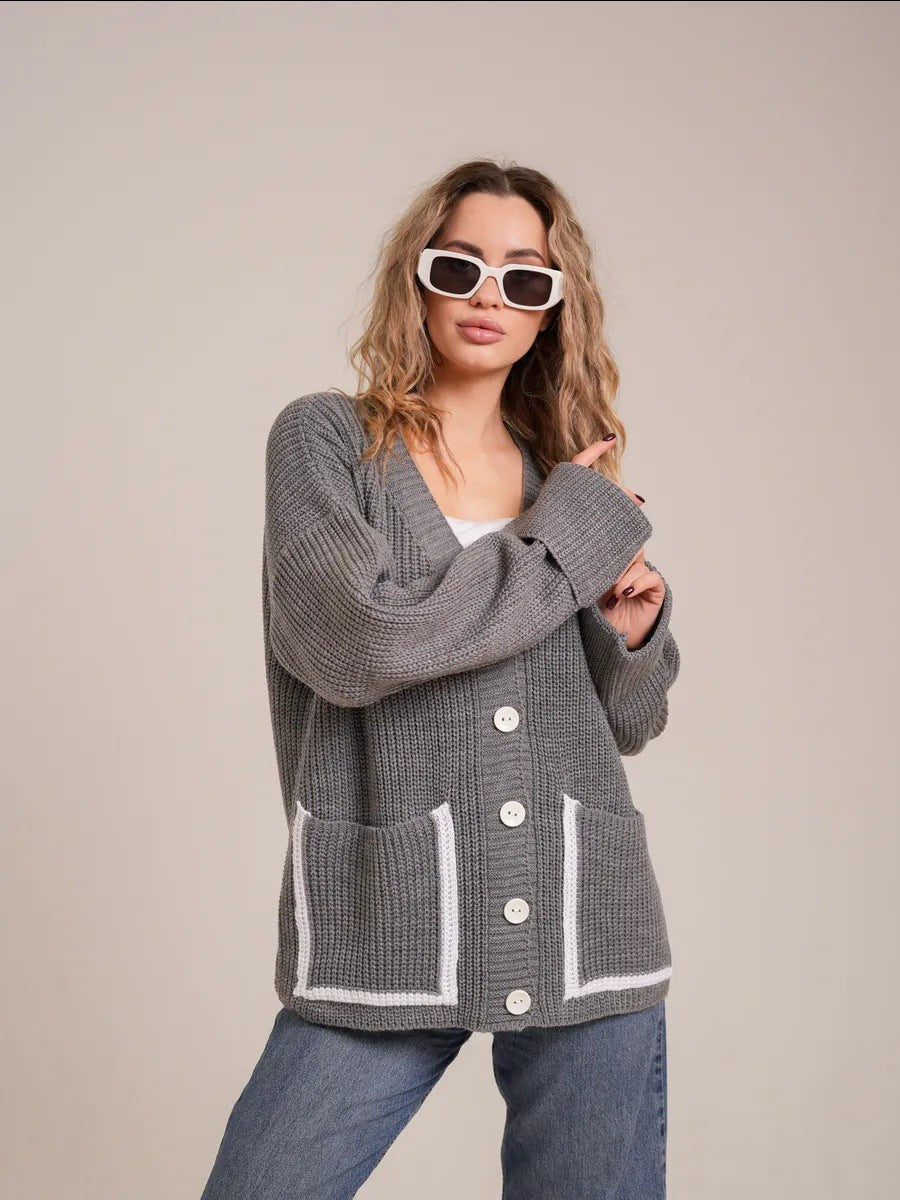 Damen Strickjacke mit großem Kragen und Taschen R&B