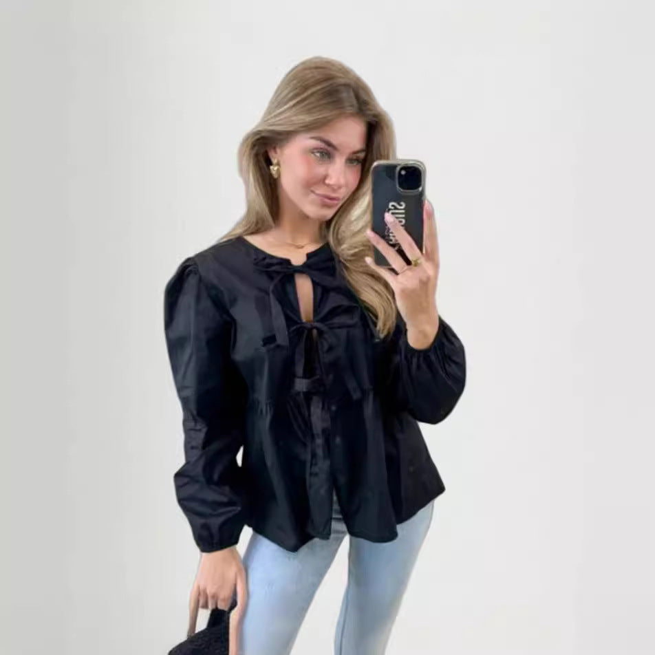Damen Bluse mit Volantärmeln und Schleifenband R&B