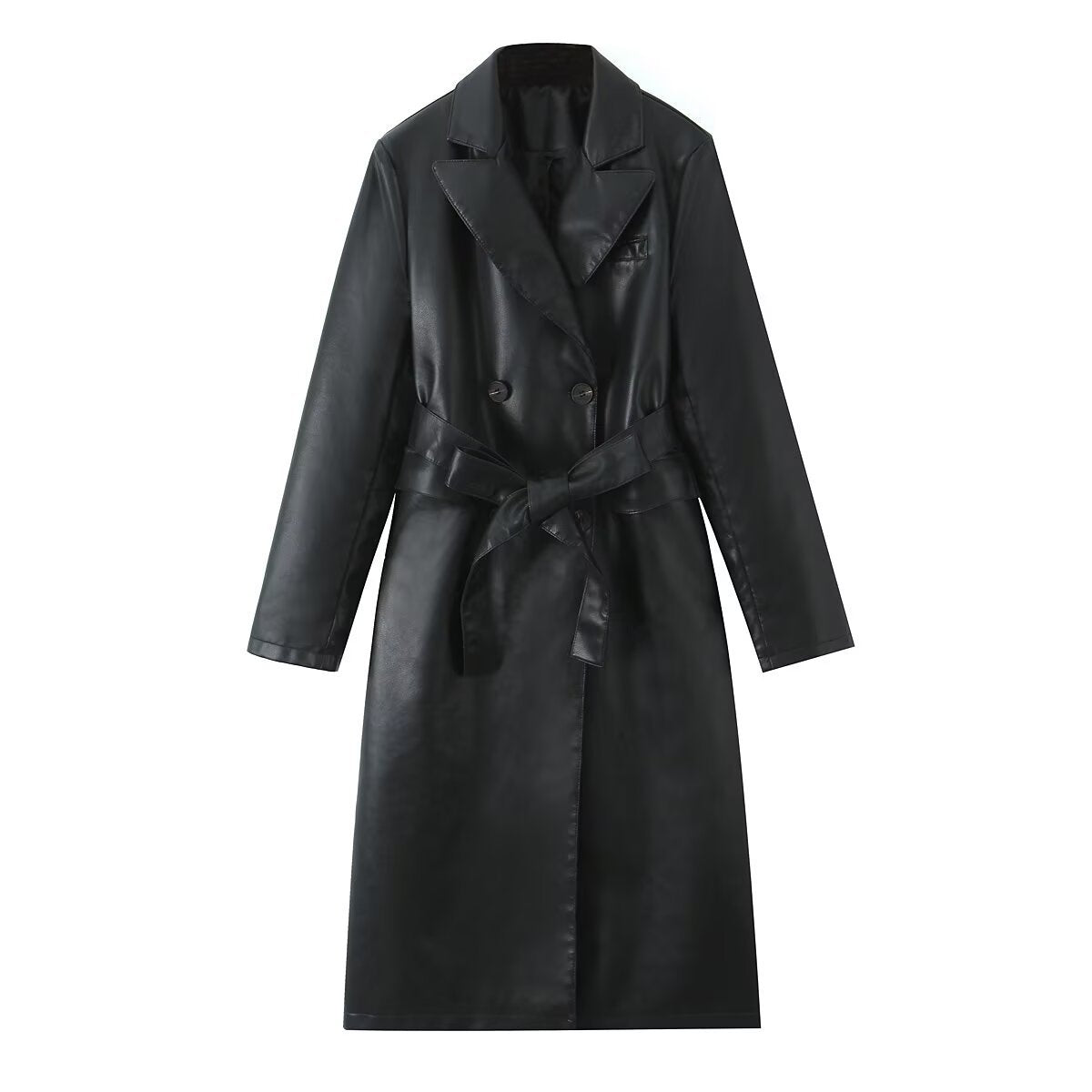Damen Kunstleder Trenchcoat mit taillierbarem Gürtel und doppelter Knopfleiste R&B