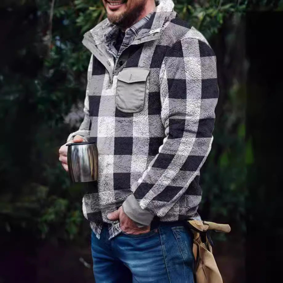Herren Fleece-Pullover mit Karomuster und Hohem Kragen R&B
