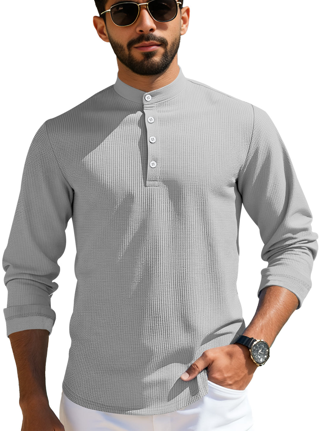 Herren nan strukturiertes Langarm-Henley mit Nehru-Kragen und Ton-in-Ton-Knopfleiste R&B