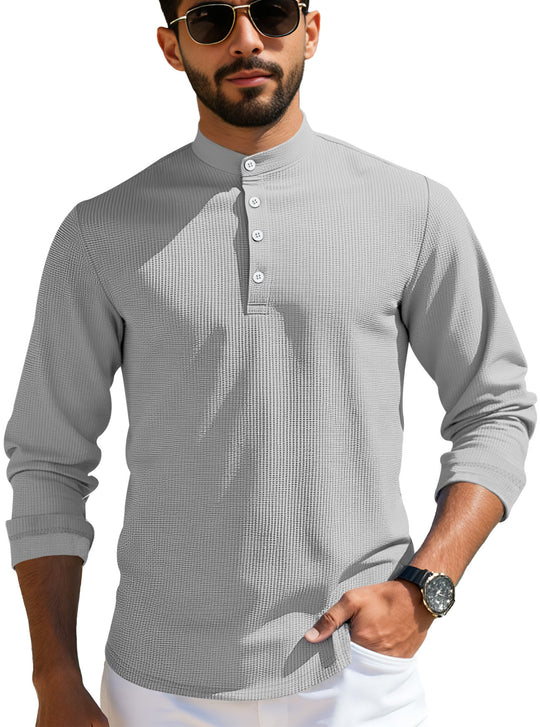 Herren nan strukturiertes Langarm-Henley mit Nehru-Kragen und Ton-in-Ton-Knopfleiste R&B