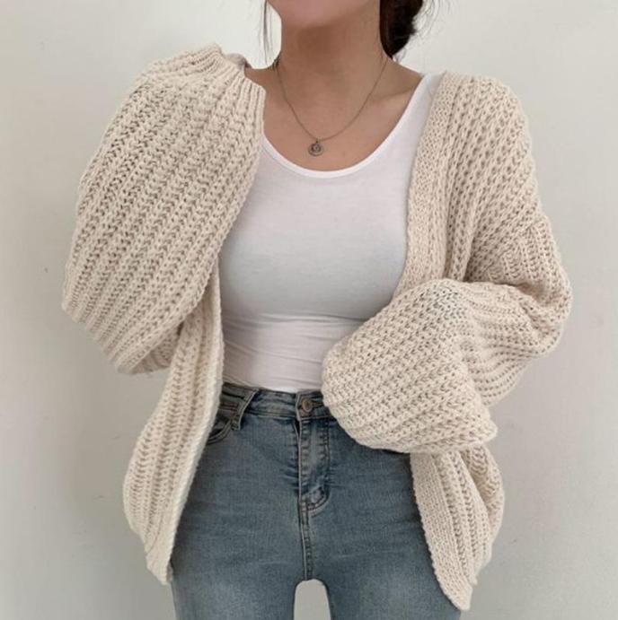 Damen grob gestrickte Oversized Cardigan mit tiefem V-Ausschnitt R&B