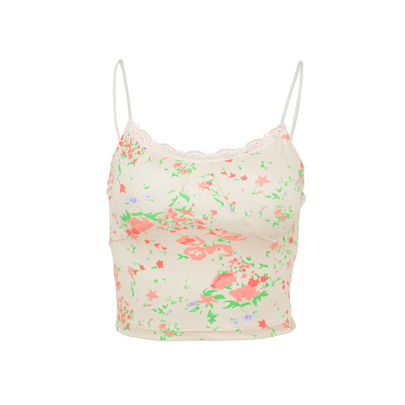 Damen floral bedrucktes Spaghetti-Top mit Spitzenakzenten R&B