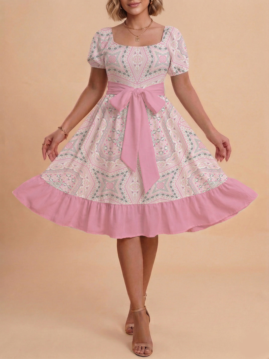 Damen modernes Blumenkleid mit elegantem Taillengürtel und asymmetrischem Saum R&B