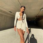 Damen Crop-Top und Mini-Rock Set mit Raffung und romantischem Volant EB
