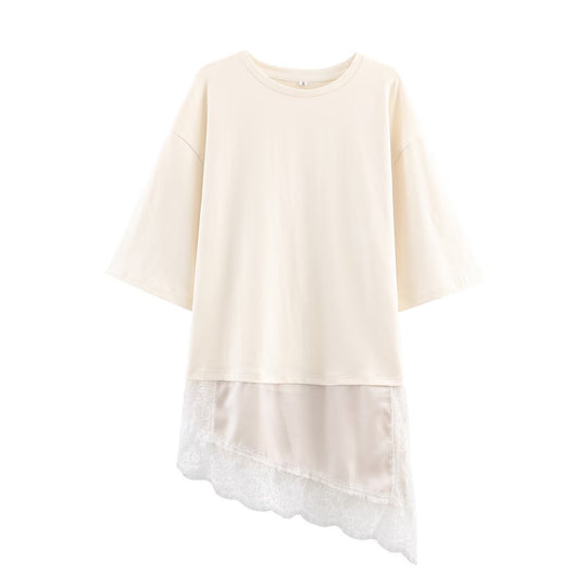 Damen asymmetrisches T-Shirt mit Spitzenbesatz R&B