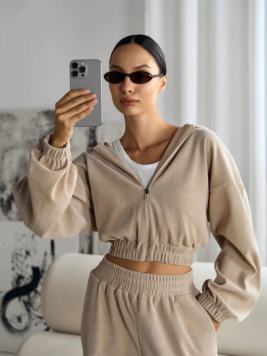 Damen lässiges Sweatset mit elastischem Bund und modernem Zipper R&B