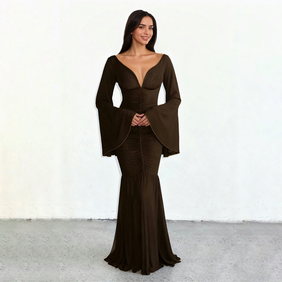 Damen elegantes Maxikleid mit großzügigen Trompetenärmeln und raffiniertem Cut-Out R&B
