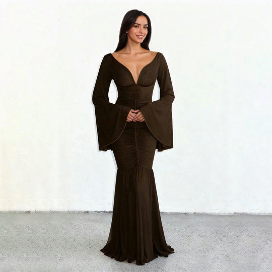 Damen elegantes Maxikleid mit großzügigen Trompetenärmeln und raffiniertem Cut-Out R&B