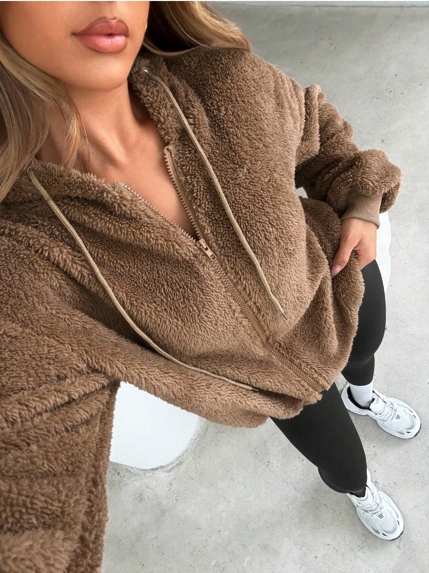 Damen Kuschelige Fleece-Jacke mit Känguru-Tasche und Kapuze R&B