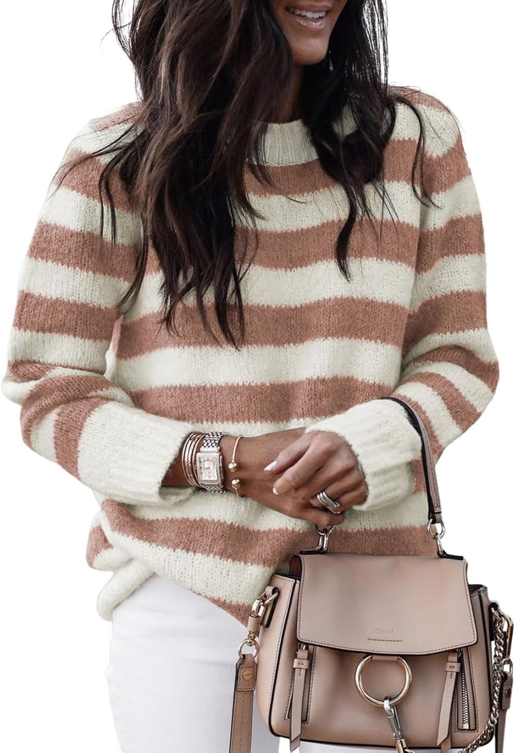 Damen lässiger Strickpullover mit breiten Querstreifen R&B