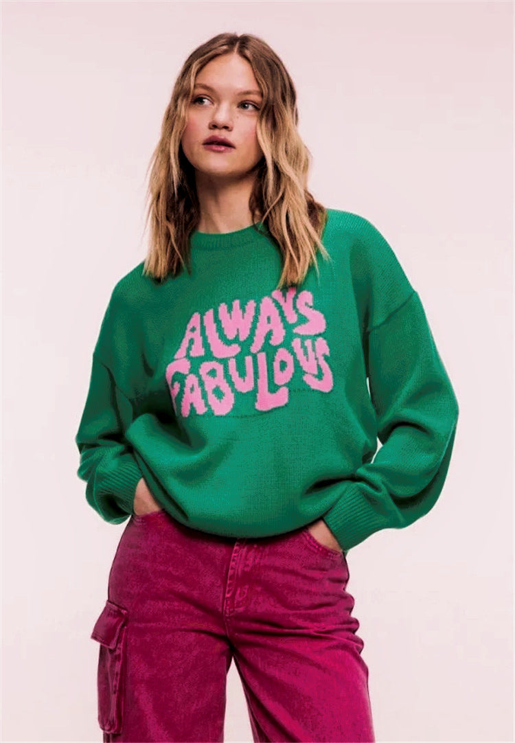 Damen lässiger Pullover mit auffälligem Schriftzug und luftiger Passform R&B