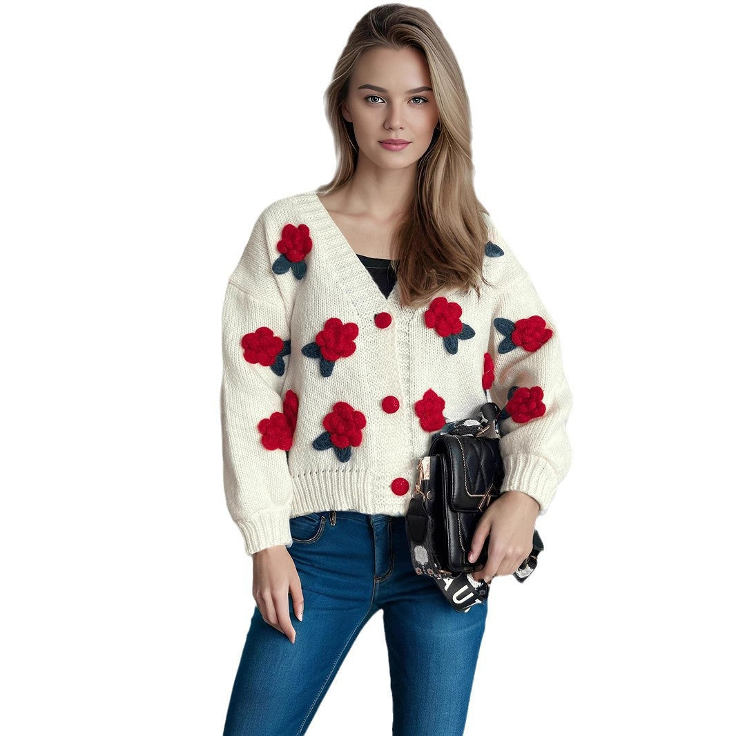 Damen Strickjacke mit floralen Applikationen und knöpfbarem Design R&B