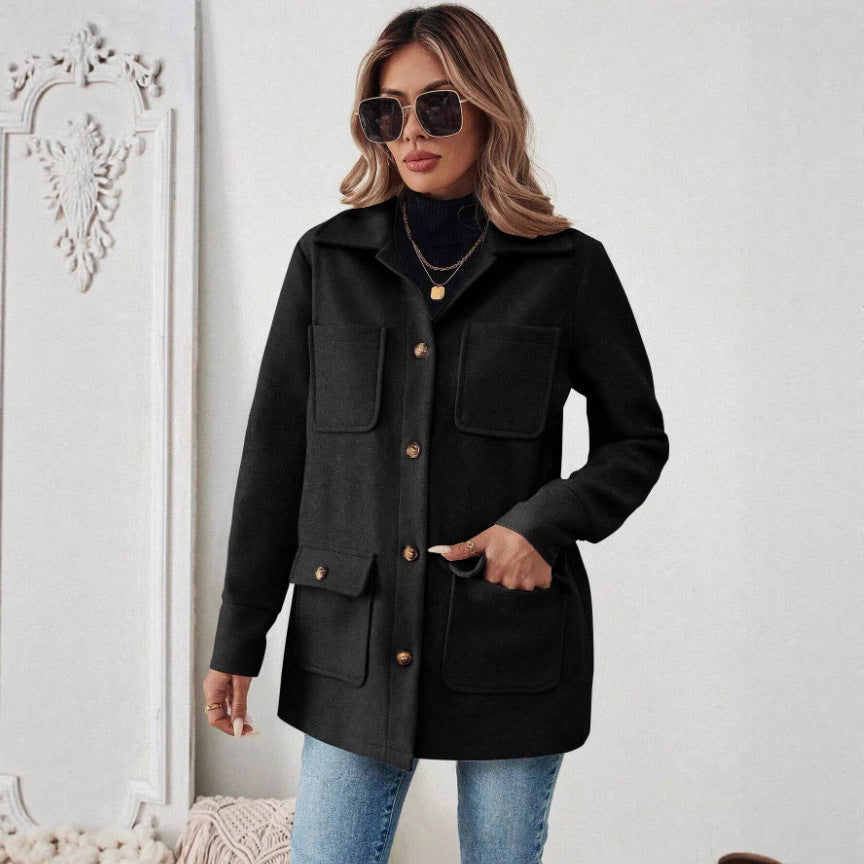 Damen Modische Utility-Jacke mit großen Taschen und goldenem Druck R&B