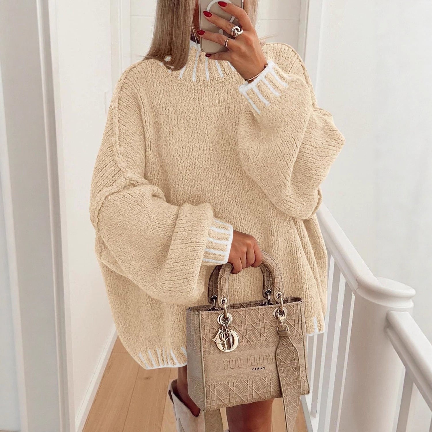 Damen lässiger Grobstrickpullover mit modernem Streifenmuster R&B