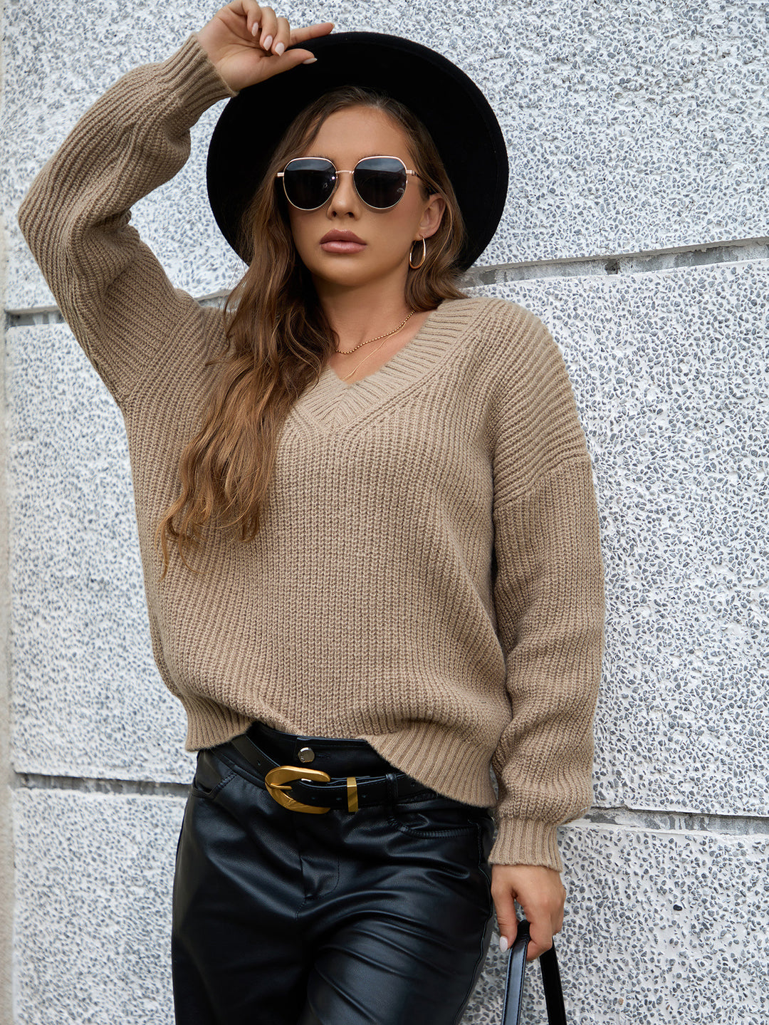 Damen gemütlicher V-Ausschnitt Strickpullover mit lockerem Schnitt und strukturiertem Muster R&B