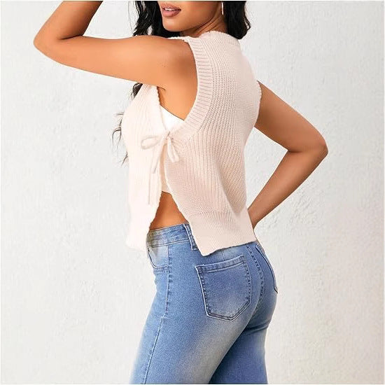 Damen ärmelloses Strickoberteil mit großzügigem Schnitt und gebundenem Detail R&B