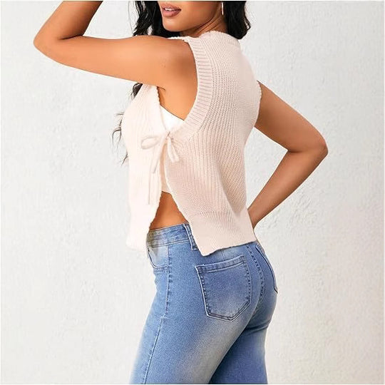 Damen ärmelloses Strickoberteil mit großzügigem Schnitt und gebundenem Detail R&B