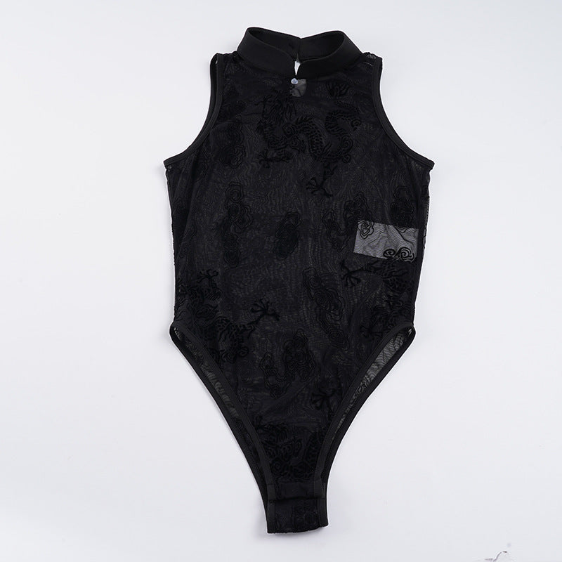 Damen sexy Bodysuit mit eleganten Spitzenakzenten und Stehkragen R&B