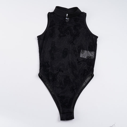 Damen sexy Bodysuit mit eleganten Spitzenakzenten und Stehkragen R&B