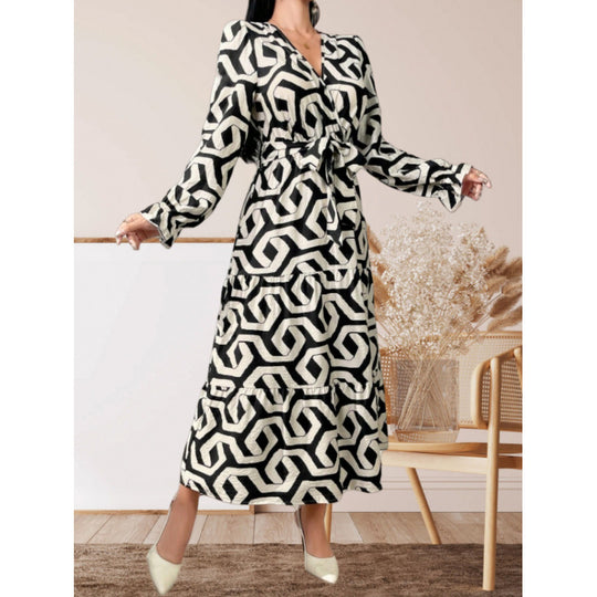 Damen Maxi-Kleid mit modernem geometrischen Druck und taillierbarem Design R&B