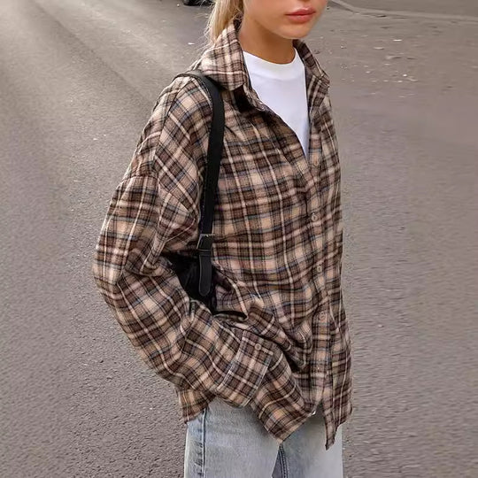 Damen Kariertes Overshirt im lässigen Schnitt mit übergroßen Ärmeln R&B
