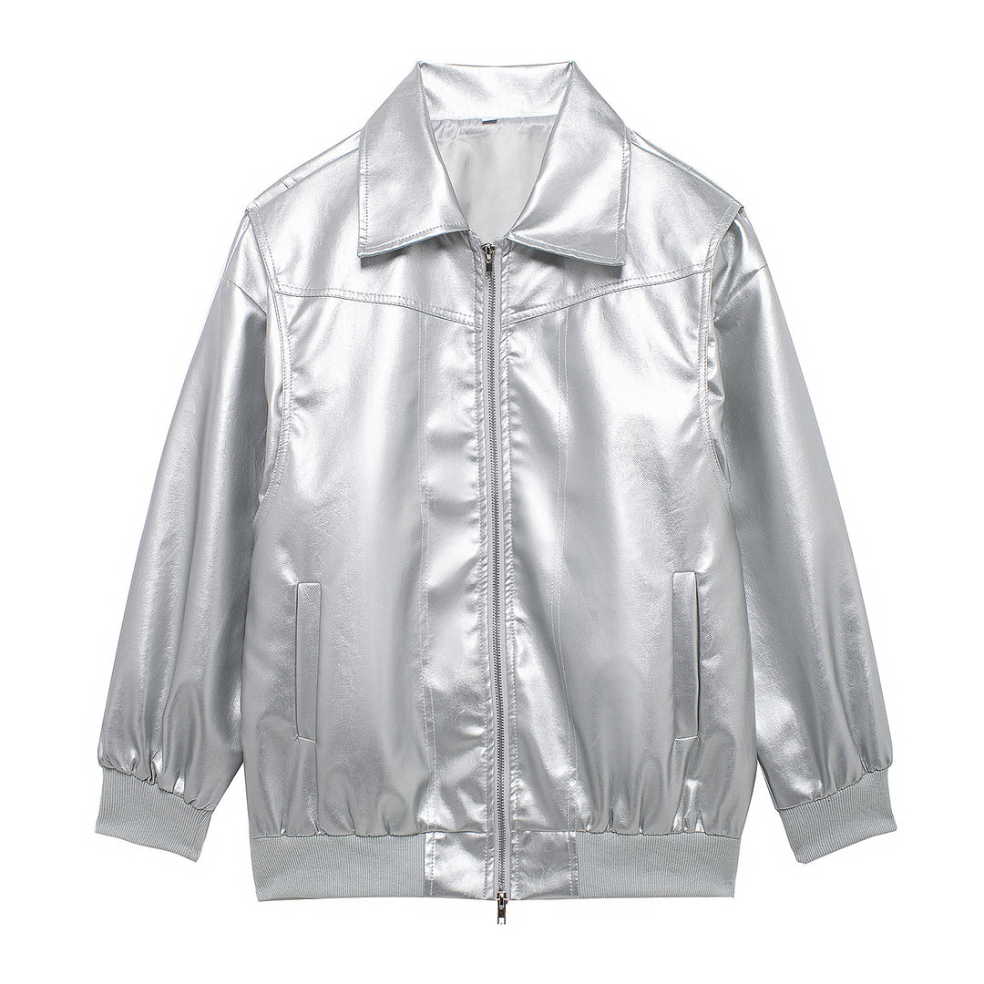Damen Elegante Kunstlederjacke mit hochstehendem Kragen und elastischen Bündchen R&B