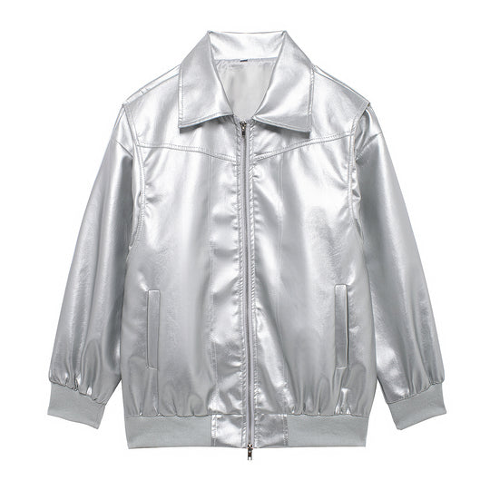 Damen Elegante Kunstlederjacke mit hochstehendem Kragen und elastischen Bündchen R&B