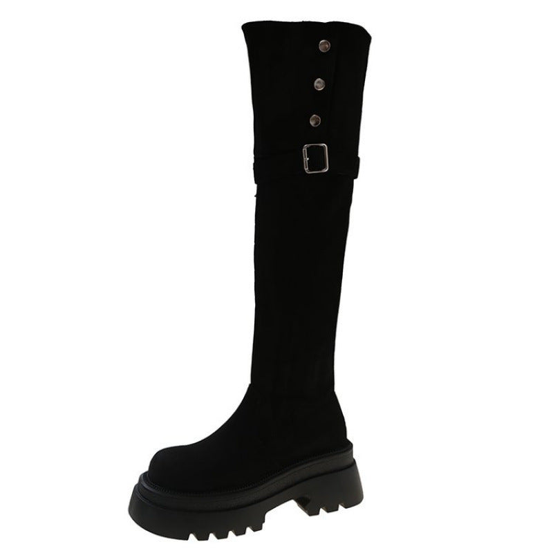 Damen Elegante Overknee-Stiefel mit modischem Riemen und Knopfdetails R&B