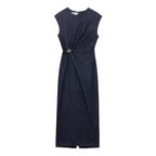 Damen elegantes Midikleid aus Denim mit Knopfdetail
