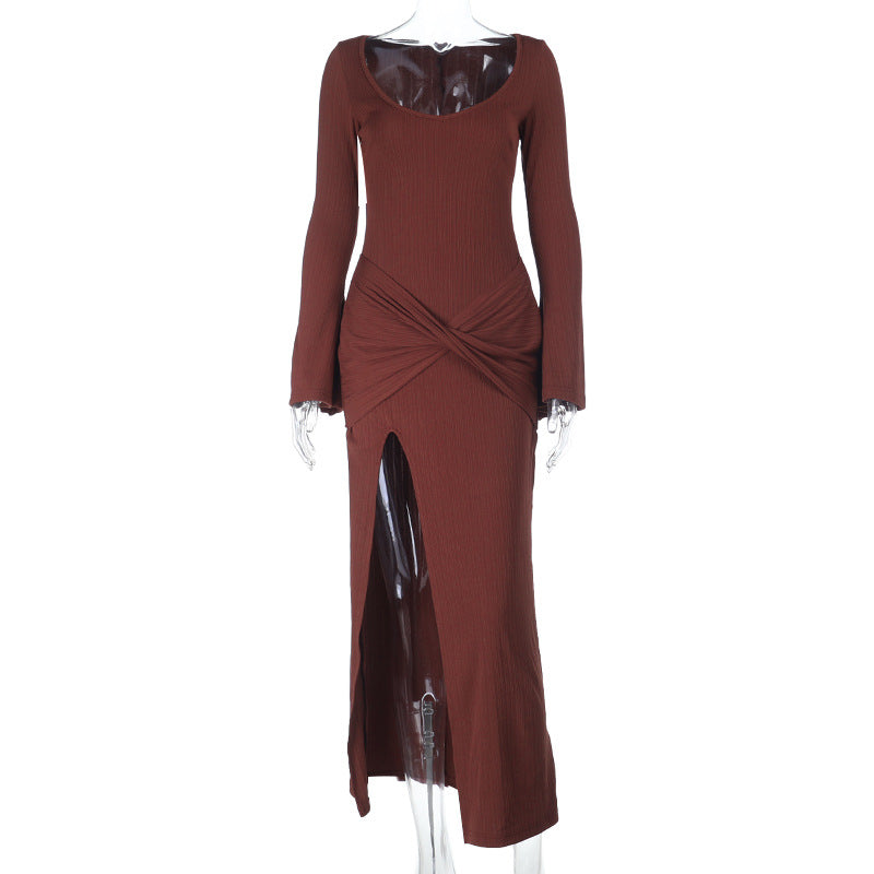 Damen elegantes langärmeliges Maxi-Kleid mit raffiniertem Wickel-Design und hohem Schlitz R&B