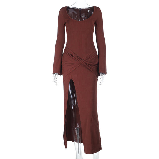 Damen elegantes langärmeliges Maxi-Kleid mit raffiniertem Wickel-Design und hohem Schlitz R&B