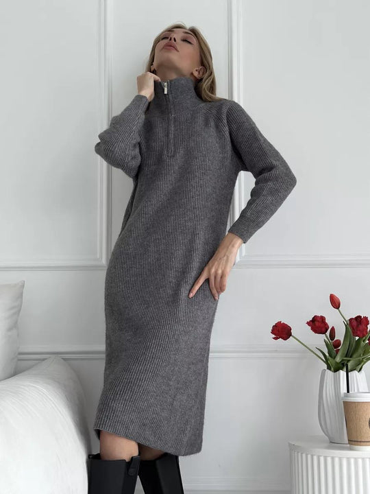 Damen Strickkleid mit Stehkragen und durchgehendem Reißverschluss R&B