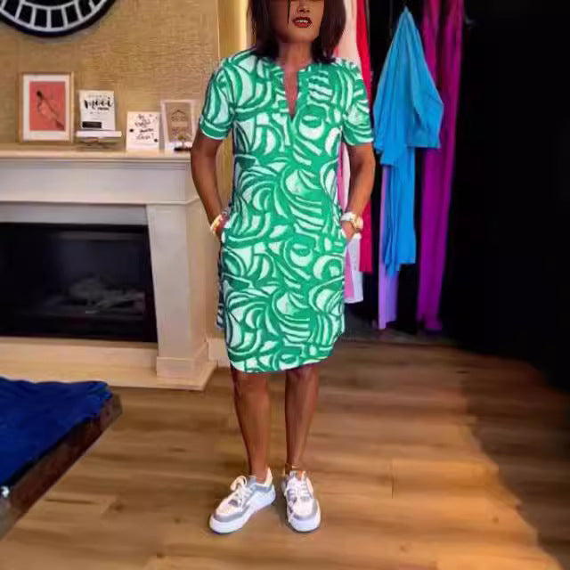 Damen Kurzarm Hemdkleid mit modernen grafischen Mustern und praktischen Eingrifftaschen R&B