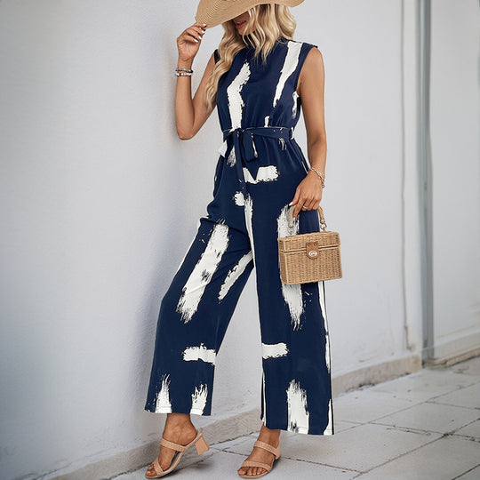 Damen Modischer Jumpsuit mit Taillengürtel und weitem Bein R&B