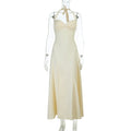 Damen elegantes Maxikleid mit Halter-Ausschnitt und fließendem Satin-Stoff R&B