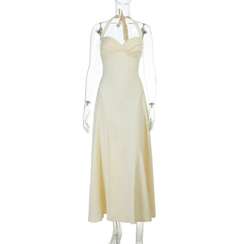 Damen elegantes Maxikleid mit Halter-Ausschnitt und fließendem Satin-Stoff R&B